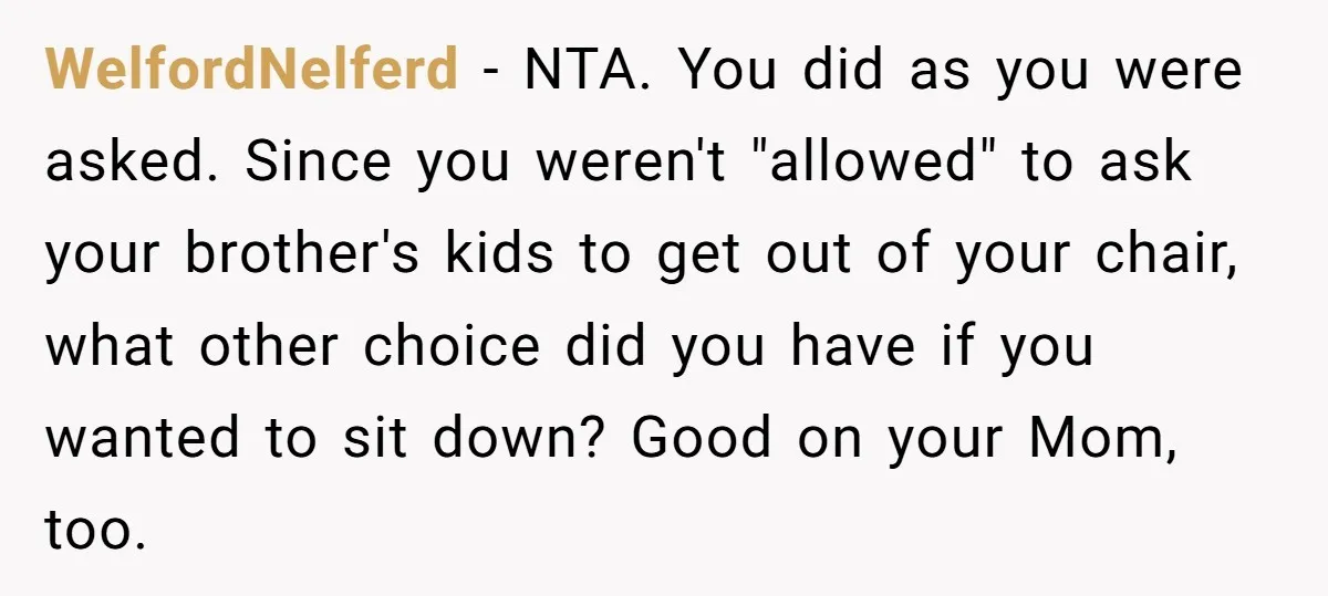 WelfordNelferd - NTA. You did as you were asked. Since you weren't "allowed" to ask your brother's kids to get out of your chair, what other choice did you have...