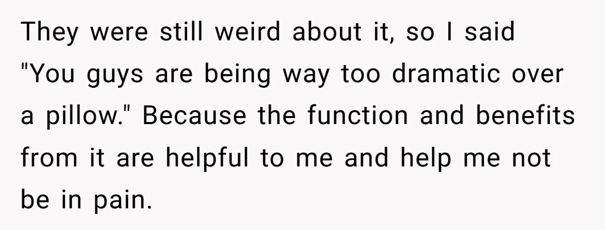They were still weird about it, so I said "You guys are being way too dramatic over a pillow." Because the function and benefits from it are helpful to me...