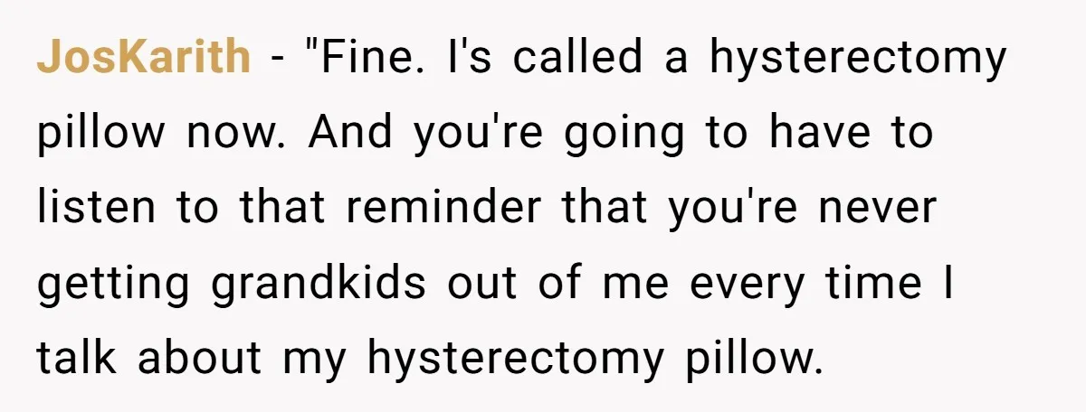 JosKarith − "Fine. I's called a hysterectomy pillow now. And you're going to have to listen to that reminder that you're never getting grandkids out of me every time I...