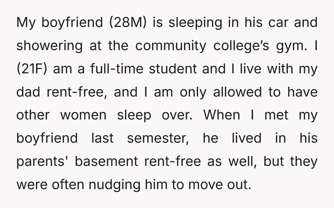 My boyfriend (28M) is sleeping in his car and showering at the community college’s gym. I (21F) am a full-time student and I live with my dad rent-free, and I...