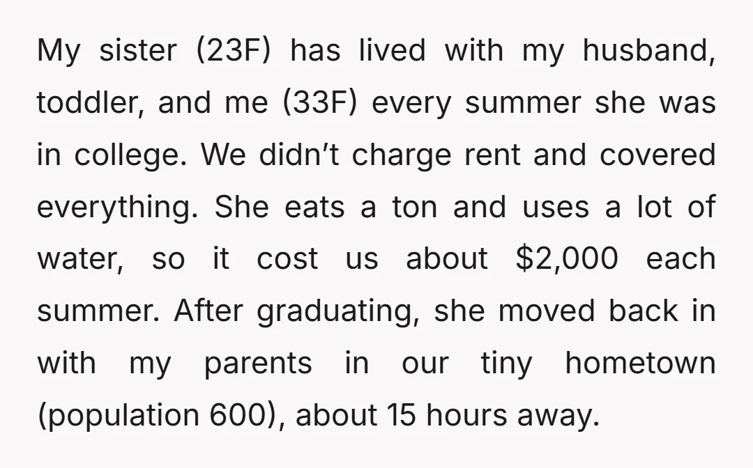 My sister (23F) has lived with my husband, toddler, and me (33F) every summer she was in college. We didn’t charge rent and covered everything. She eats a ton and...