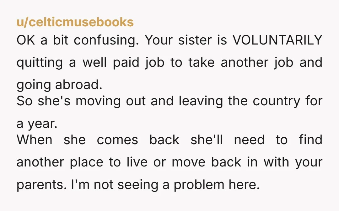 u/celticmusebooks OK a bit confusing. Your sister is VOLUNTARILY quitting a well paid job to take another job and going abroad. So she's moving out and leaving the country for...