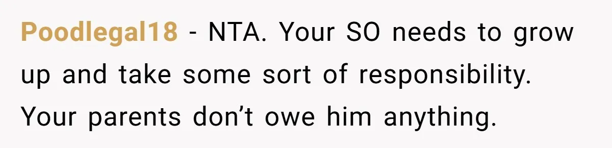 Poodlegal18 − NTA. Your SO needs to grow up and take some sort of responsibility. Your parents don’t owe him anything.