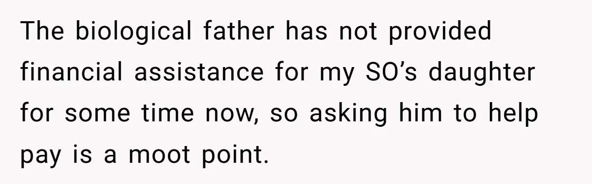 The biological father has not provided financial assistance for my SO’s daughter for some time now, so asking him to help pay is a moot point.