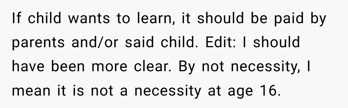 If child wants to learn, it should be paid by parents and/or said child. Edit: I should have been more clear. By not necessity, I mean it is not a...