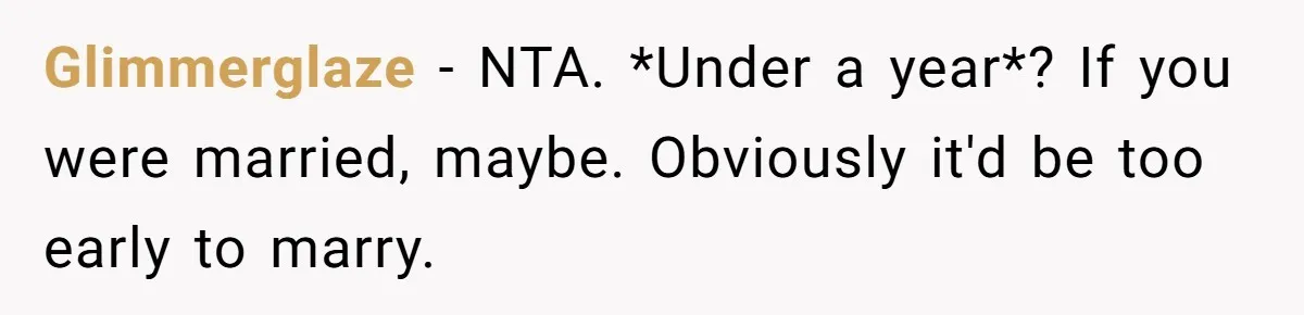Glimmerglaze − NTA. *Under a year*? If you were married, maybe. Obviously it'd be too early to marry.