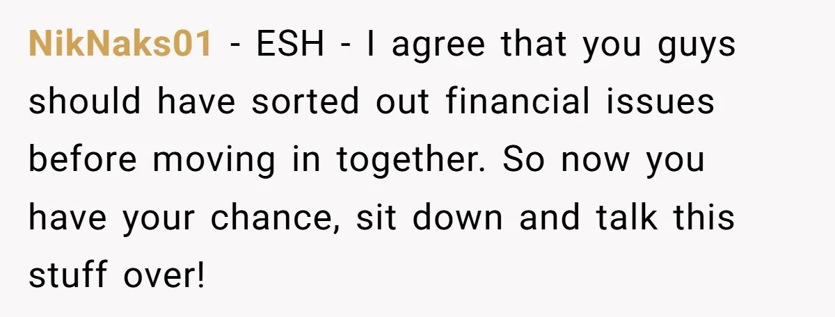NikNaks01 − ESH - I agree that you guys should have sorted out financial issues before moving in together. So now you have your chance, sit down and talk this...
