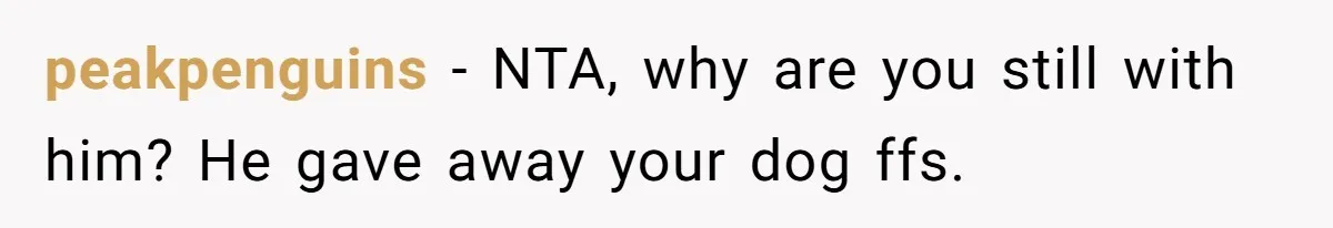 peakpenguins − NTA, why are you still with him? He gave away your dog ffs.