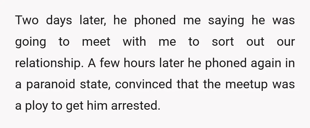 Two days later, he phoned me saying he was going to meet with me to sort out our relationship. A few hours later he phoned again in a paranoid state,...
