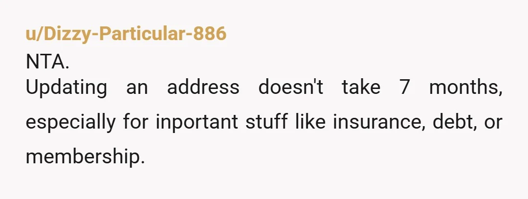 u/Dizzy-Particular-886
NTA.
Updating an address doesn't take 7 months, especially for inportant stuff like insurance, debt, or membership.