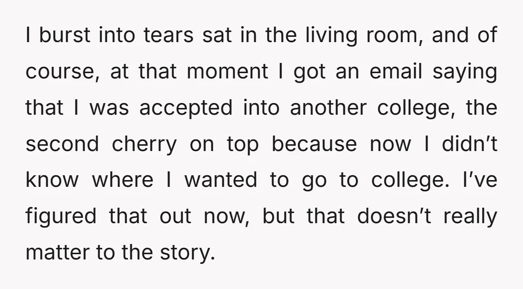 I burst into tears sat in the living room, and of course, at that moment I got an email saying that I was accepted into another college, the second cherry...