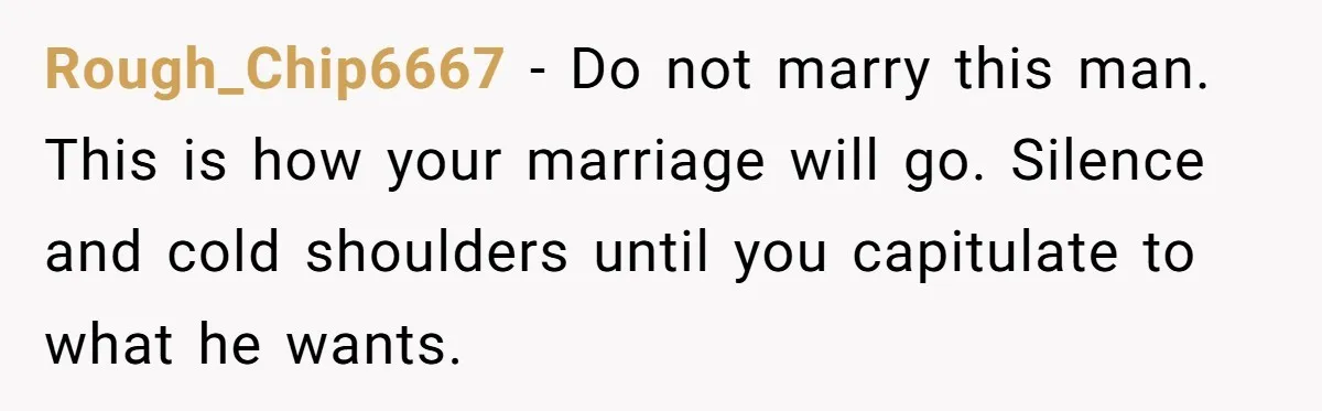 Rough_Chip6667 − Do not marry this man.   This is how your marriage will go. Silence and cold shoulders until you capitulate to what he wants.