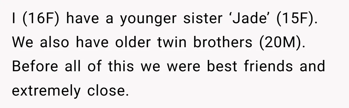 I (16F) have a younger sister ‘Jade’ (15F). We also have older twin brothers (20M). Before all of this we were best friends and extremely close.