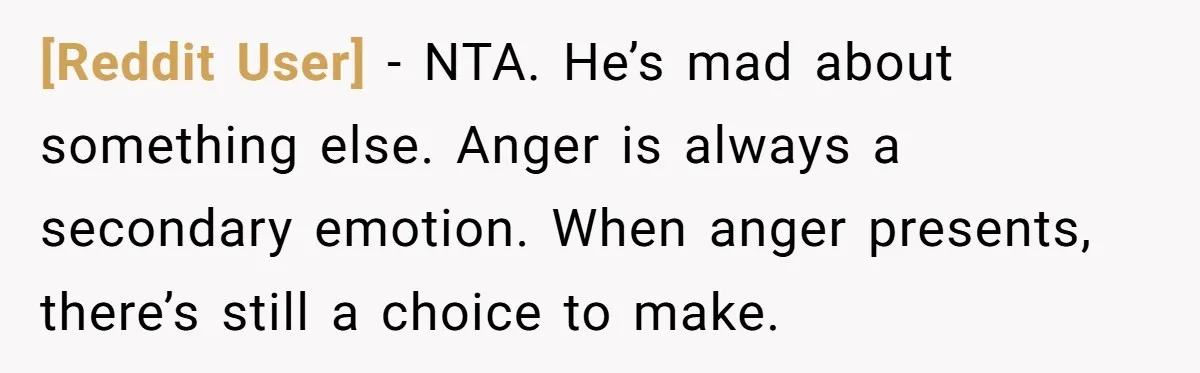 [Reddit User] − NTA. He’s mad about something else. Anger is always a secondary emotion. When anger presents, there’s still a choice to make.