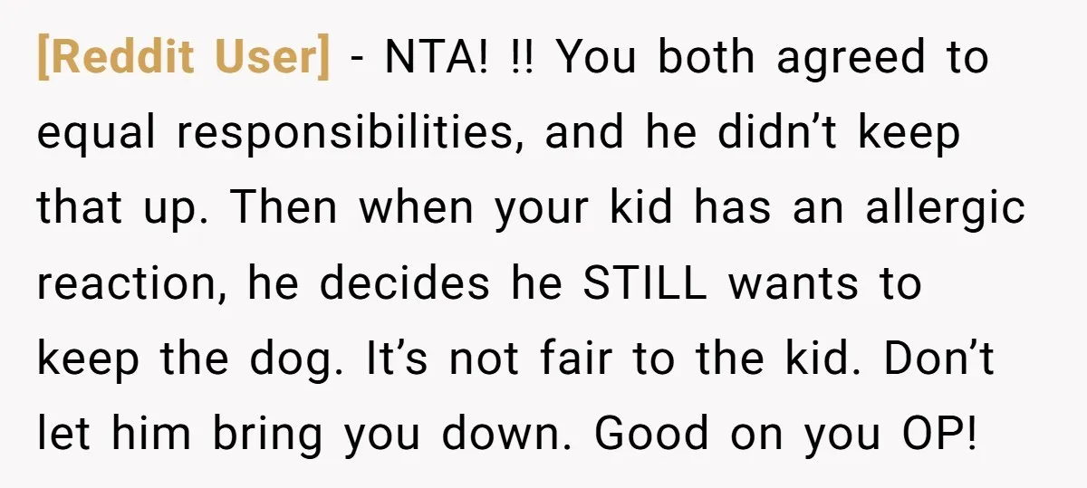 [Reddit User] − NTA! !! You both agreed to equal responsibilities, and he didn’t keep that up. Then when your kid has an allergic reaction, he decides he STILL wants...