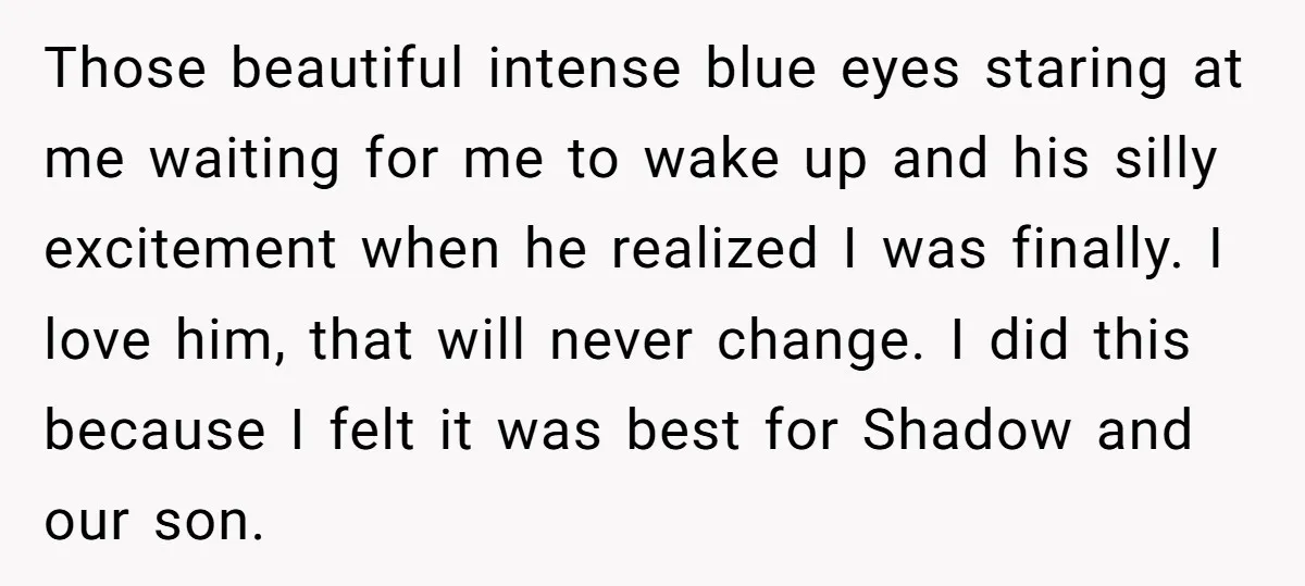 Those beautiful intense blue eyes staring at me waiting for me to wake up and his silly excitement when he realized I was finally. I love him, that will never...
