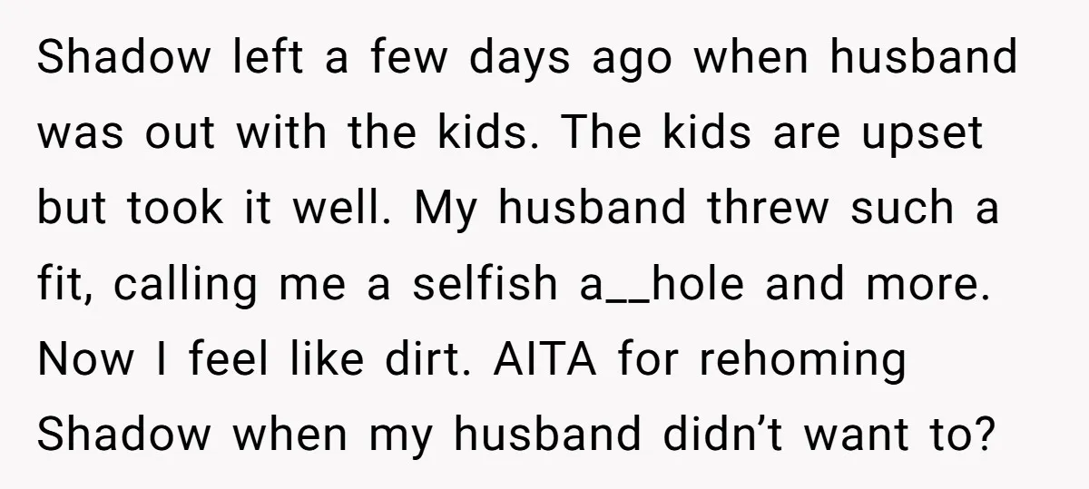 Shadow left a few days ago when husband was out with the kids. The kids are upset but took it well. My husband threw such a fit, calling me a...