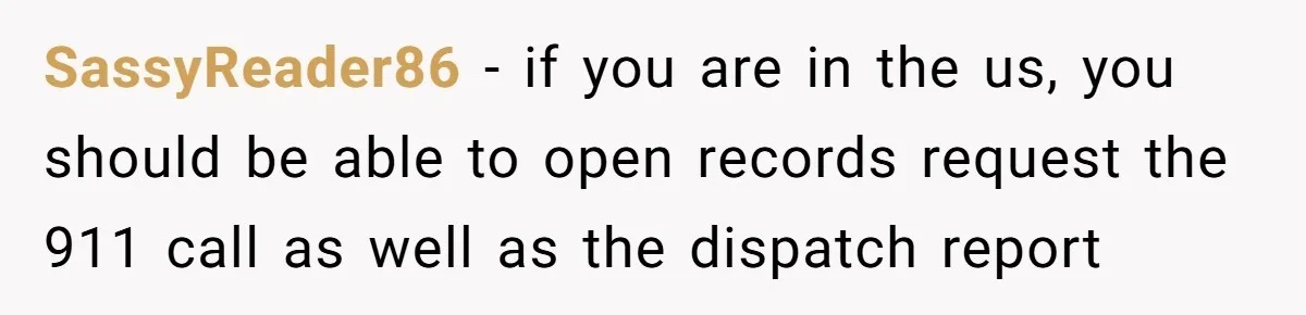 SassyReader86 − if you are in the us, you should be able to open records request the 911 call as well as the dispatch report