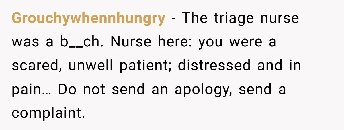 Grouchywhennhungry − The triage nurse was a b__ch. Nurse here: you were a scared, unwell patient; distressed and in pain… Do not send an apology, send a complaint.