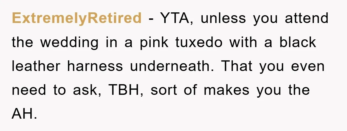 ExtremelyRetired − YTA, unless you attend the wedding in a pink tuxedo with a black leather harness underneath. That you even need to ask, TBH, sort of makes you the...