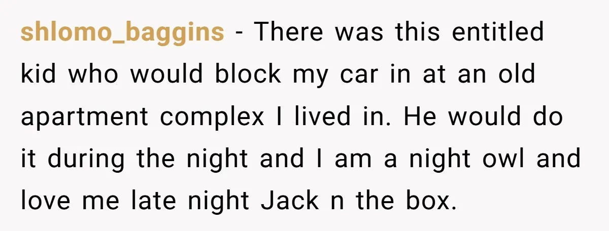 shlomo_baggins − There was this entitled kid who would block my car in at an old apartment complex I lived in. He would do it during the night and I...