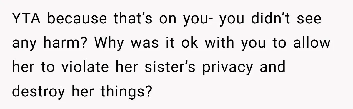 YTA because that’s on you- you didn’t see any harm? Why was it ok with you to allow her to violate her sister’s privacy and destroy her things?
