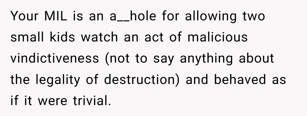Your MIL is an a__hole for allowing two small kids watch an act of malicious vindictiveness (not to say anything about the legality of destruction) and behaved as if it...