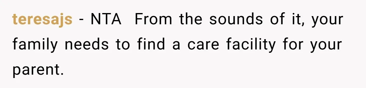 teresajs − NTA  From the sounds of it, your family needs to find a care facility for your parent.