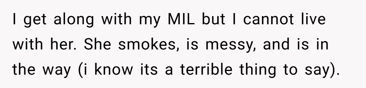 I get along with my MIL but I cannot live with her. She smokes, is messy, and is in the way (i know its a terrible thing to say).