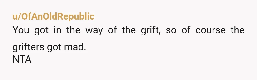 u/OfAnOldRepublic You got in the way of the grift, so of course the grifters got mad. NTA