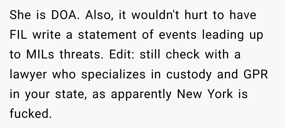 She is DOA. Also, it wouldn't hurt to have FIL write a statement of events leading up to MILs threats. Edit: still check with a lawyer who specializes in custody...