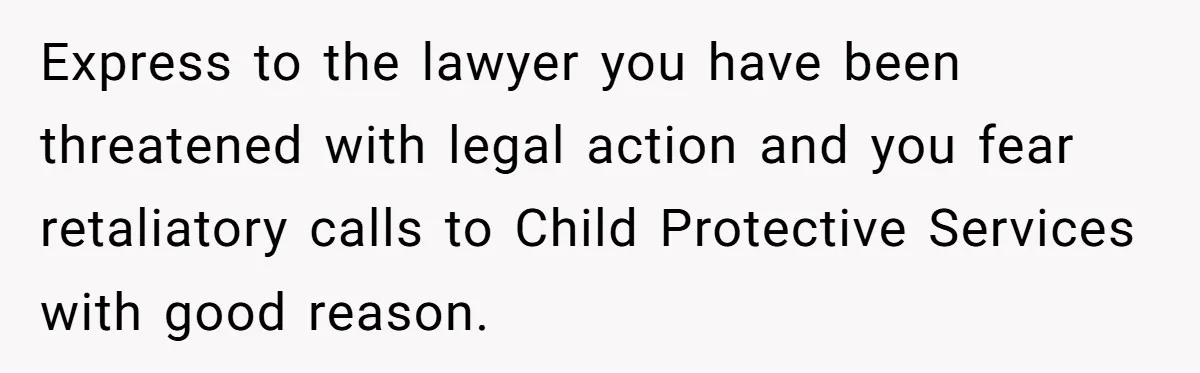 Express to the lawyer you have been threatened with legal action and you fear retaliatory calls to Child Protective Services with good reason.