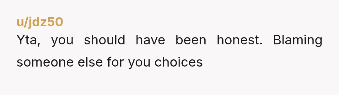 u/jdz50
Yta, you should have been honest. Blaming someone else for you choices