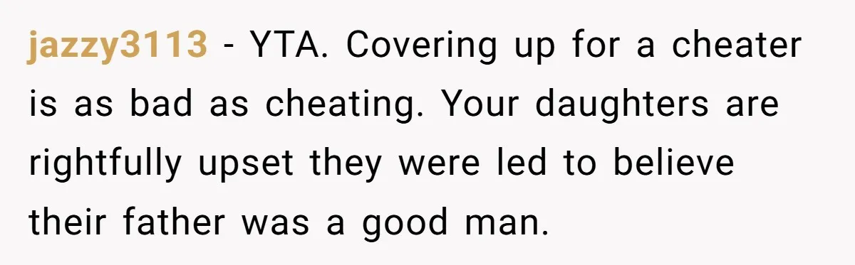 jazzy3113 − YTA. Covering up for a cheater is as bad as cheating. Your daughters are rightfully upset they were led to believe their father was a good man.