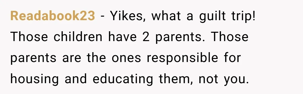 Readabook23 − Yikes, what a guilt trip! Those children have 2 parents. Those parents are the ones responsible for housing and educating them, not you.