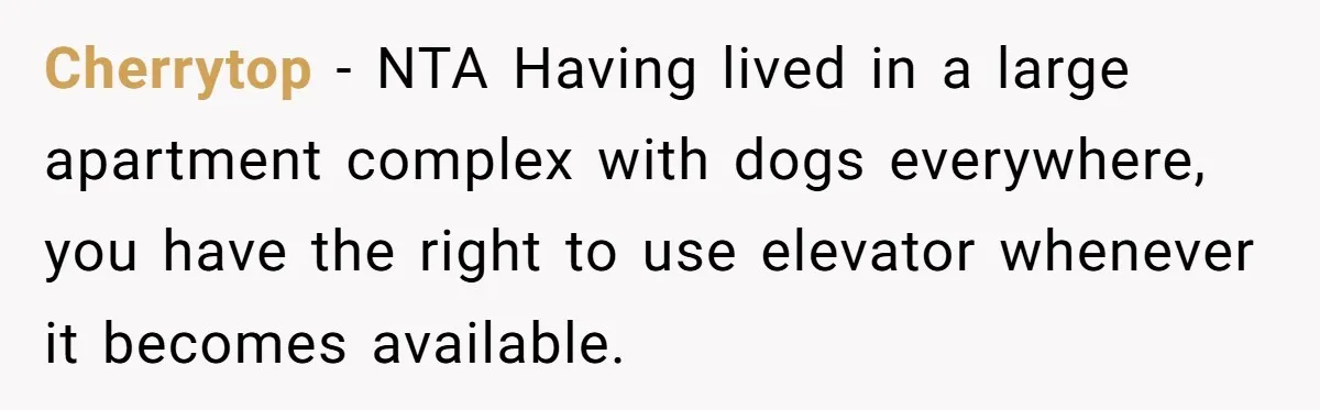 Cherrytop − NTA Having lived in a large apartment complex with dogs everywhere, you have the right to use elevator whenever it becomes available.