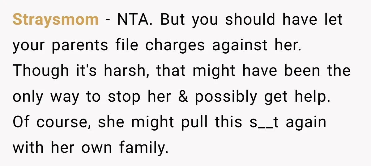 Straysmom − NTA. But you should have let your parents file charges against her. Though it's harsh, that might have been the only way to stop her & possibly get...