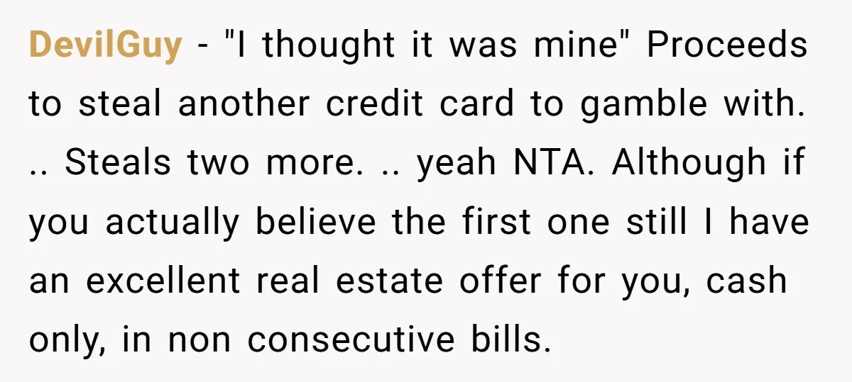 DevilGuy − "I thought it was mine" Proceeds to steal another credit card to gamble with. .. Steals two more. .. yeah NTA. Although if you actually believe the first...