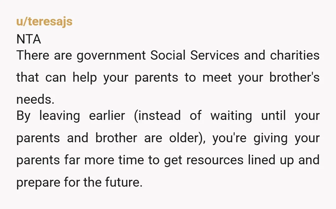 u/teresajs NTA There are government Social Services and charities that can help your parents to meet your brother's needs. By leaving earlier (instead of waiting until your parents and brother...