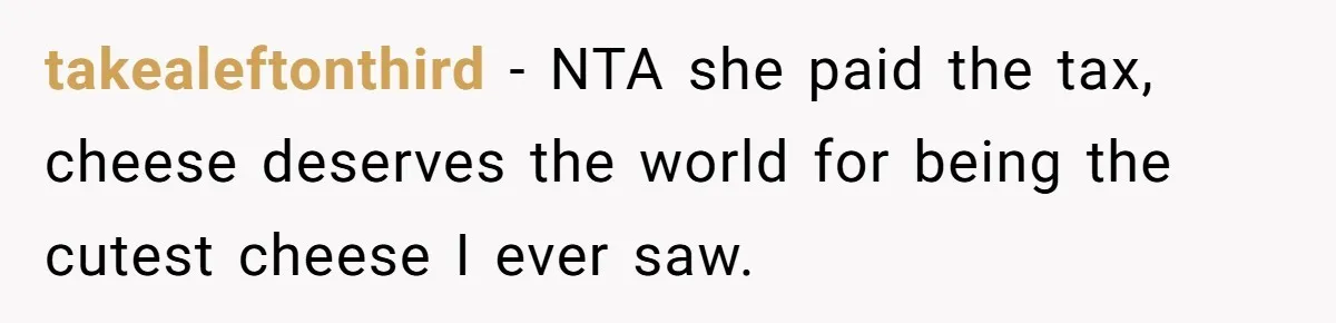 takealeftonthird − NTA she paid the tax, cheese deserves the world for being the cutest cheese I ever saw.