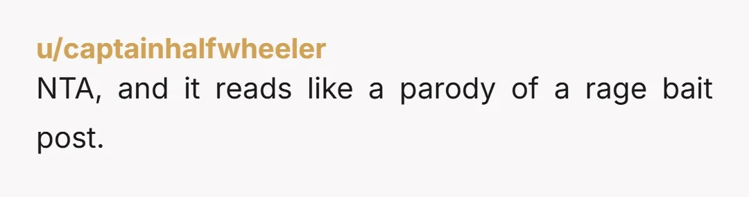 u/captainhalfwheeler
NTA, and it reads like a parody of a rage bait post.