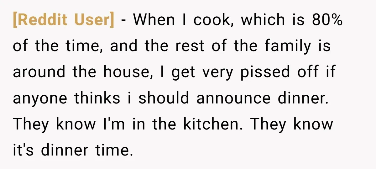[Reddit User] − When I cook, which is 80% of the time, and the rest of the family is around the house, I get very pissed off if anyone thinks...