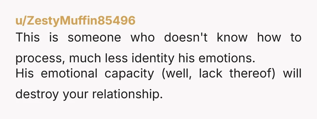 u/ZestyMuffin85496
This is someone who doesn't know how to process, much less identity his emotions.
His emotional capacity (well, lack thereof) will destroy your relationship.