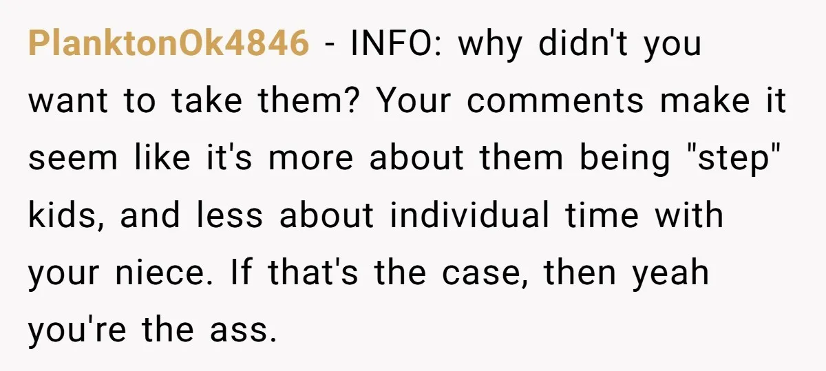 PlanktonOk4846 − INFO: why didn't you want to take them? Your comments make it seem like it's more about them being "step" kids, and less about individual time with your...