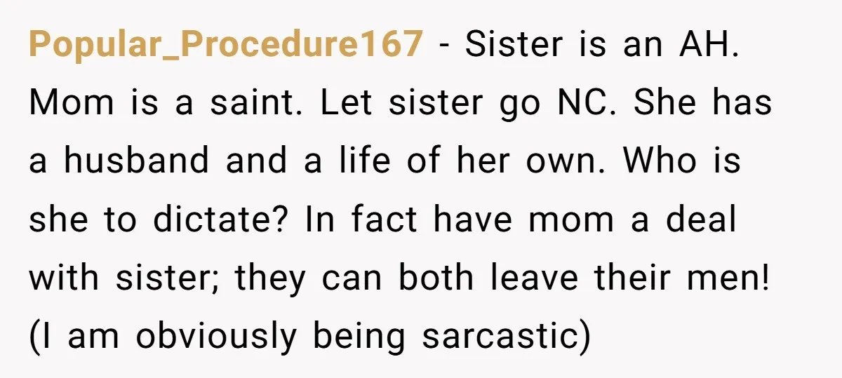 Popular_Procedure167 − Sister is an AH. Mom is a saint. Let sister go NC. She has a husband and a life of her own. Who is she to dictate? In...