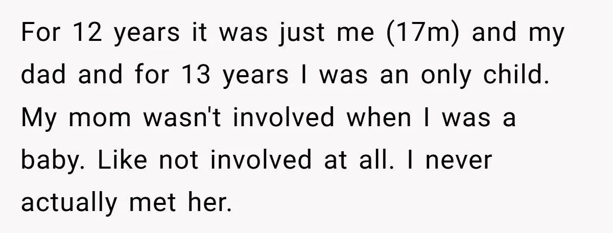 For 12 years it was just me (17m) and my dad and for 13 years I was an only child. My mom wasn't involved when I was a baby. Like...