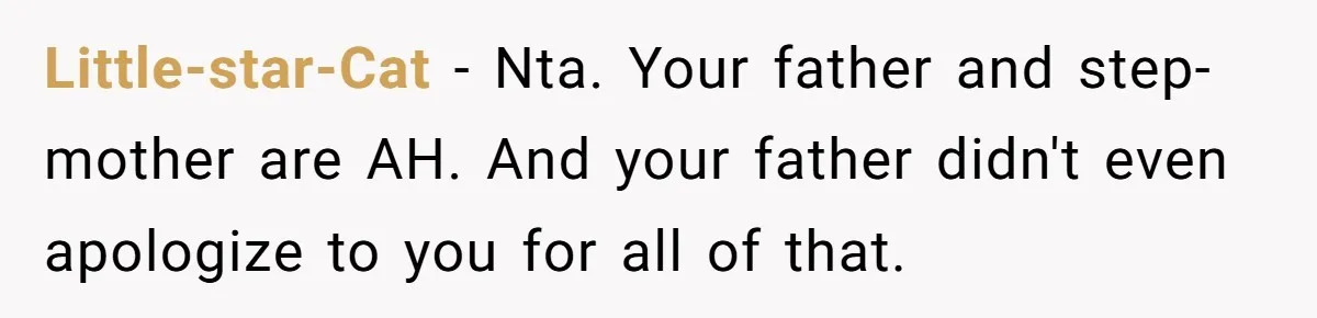 Little-star-Cat − Nta. Your father and step-mother are AH. And your father didn't even apologize to you for all of that.