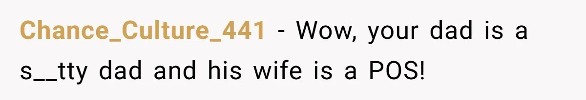 Chance_Culture_441 − Wow, your dad is a s__tty dad and his wife is a POS!