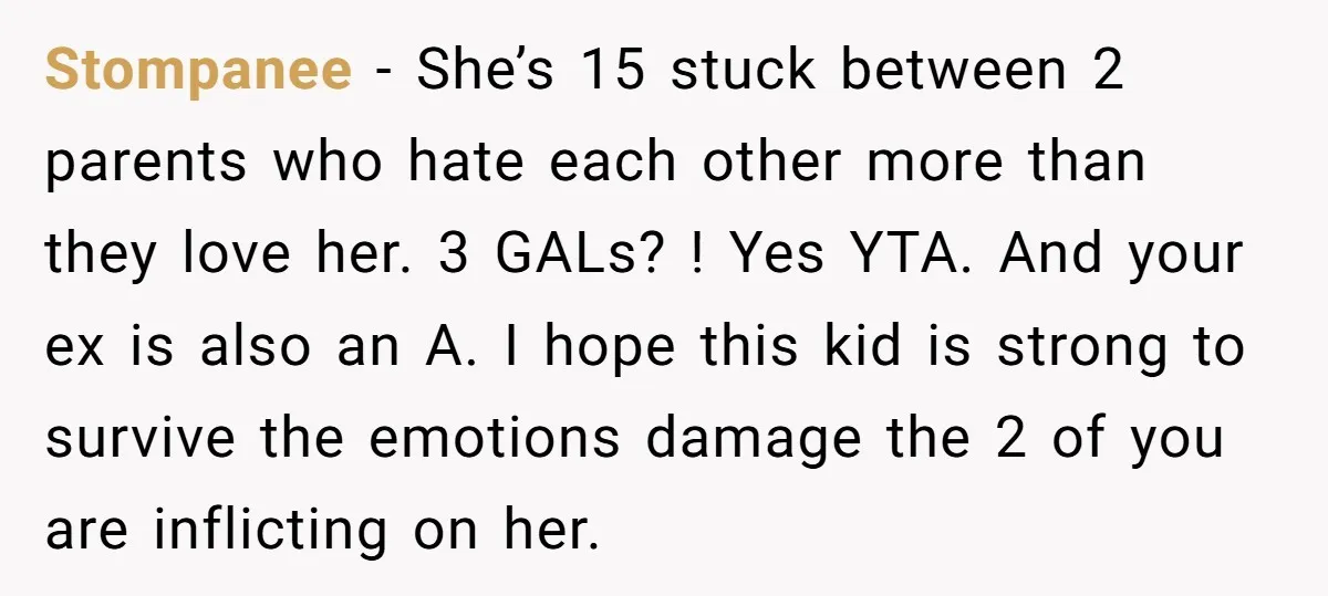 Stompanee − She’s 15 stuck between 2 parents who hate each other more than they love her. 3 GALs? ! Yes YTA. And your ex is also an A. I...