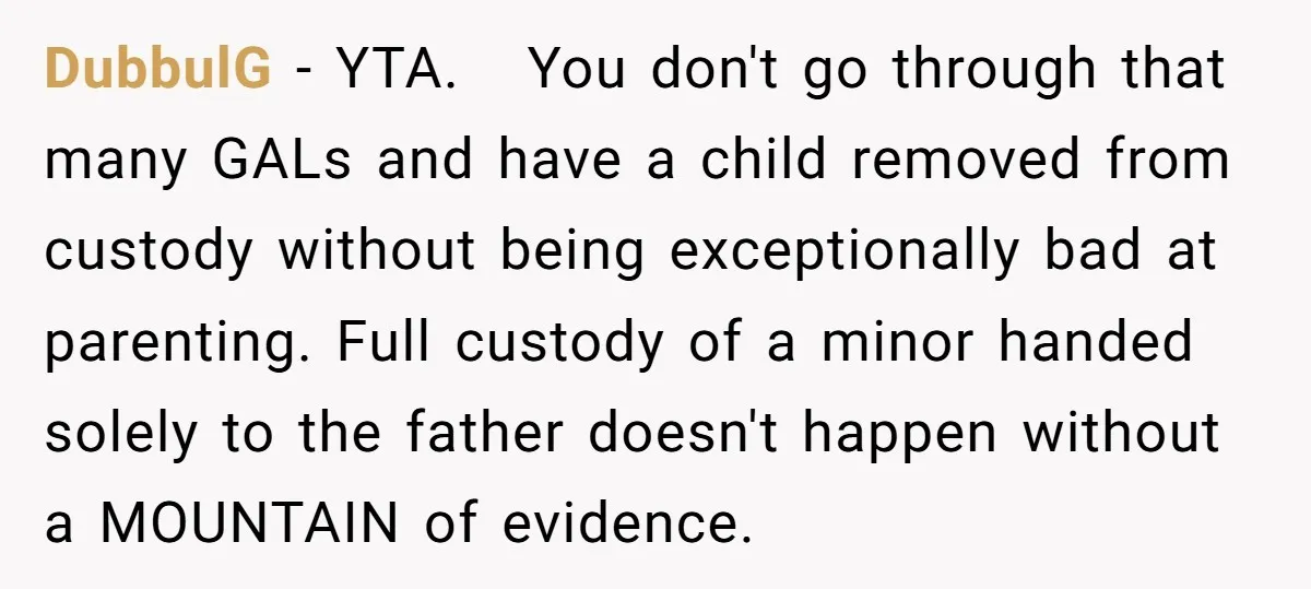 DubbulG − YTA. You don't go through that many GALs and have a child removed from custody without being exceptionally bad at parenting. Full custody of a minor handed solely...